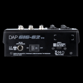 MIXER STRUMENTALE DAP AUDIO GIG-62 A 6 CANALI CON 2 INGRESSI STEREO E 2 MONO, INCLUDA ALIMENTAZIONE PHANTOM +48 V 